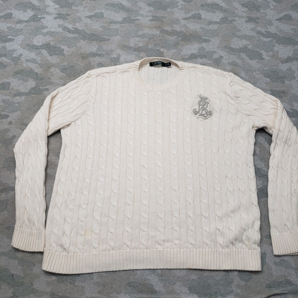 Lauren Ralph Lauren Sweater Women XXL Beige Cable Knit Embroidered Crest
